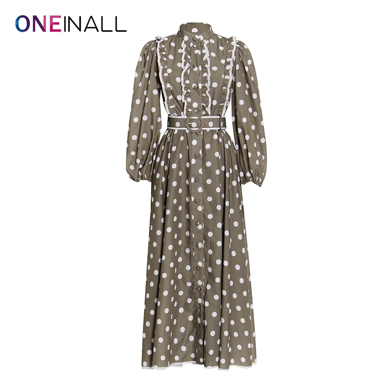 ONEINALL Vintage Polka Dots Colorblock Dress For Women Stand Collar Lantern Sleeve High Waist Midi Dresses Female Clothes Autumn