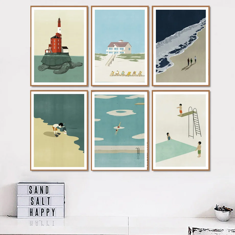 Абстрактный пляж маяк морская черепаха настенная живопись на холсте