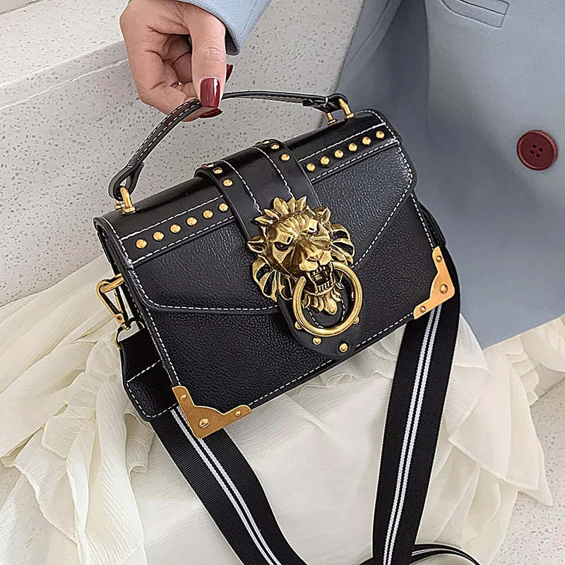 

Retro Female Fashion Handbags Crossbody Bags Totes Woman Metal Lion Head Brand Shoulder Purse Mini Square Messenger Bag