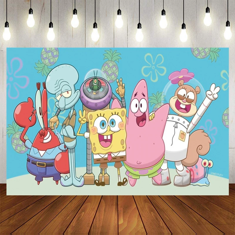 

Customizable Sponge-Bob Birthday Decorations Photography Backgrounds Vinyl Cloth Photo Shootings Baby Shower Wedding Backdrops