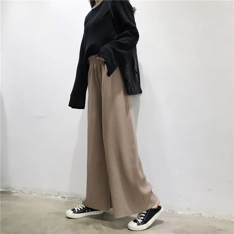 

Autumn New Fashion Loose Women's Wide Leg Pants Wide Thin Pleated Capris Elastic Waist Blended Casual Women Pants