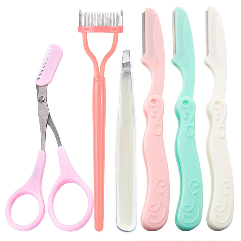 

4/14 Pcs Pink Eyebrow Trimming Scissors Stainless Steel Tweezers Scraping Eyebrow Comb Razor Eyebrow Clip Makeup Tools Sets
