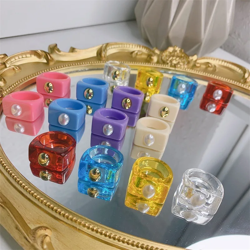 

Colorful Vintage Bead Pearl Transparent Geometric Resin Acrylic Rings For Women Girls Jewelry Trendy Travel Gifts Aesthetic