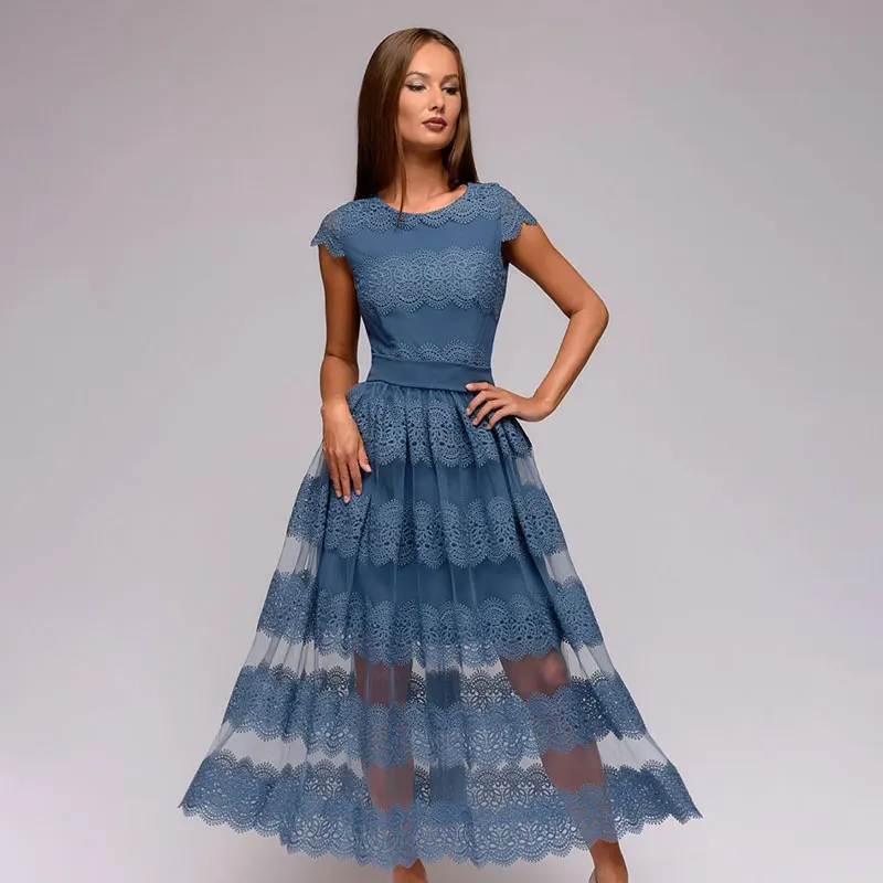 Женское кружевное лоскутное длинное платье Повседневное с круглым вырезом и