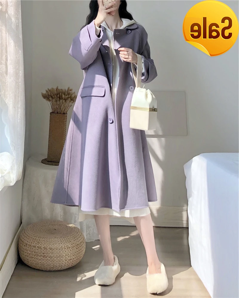

Женское корейское шерстяное пальто, осенне-зимнее двухстороннее кашемировое пальто средней длины из 100% шерсти, двухстороннее шерстяное па...