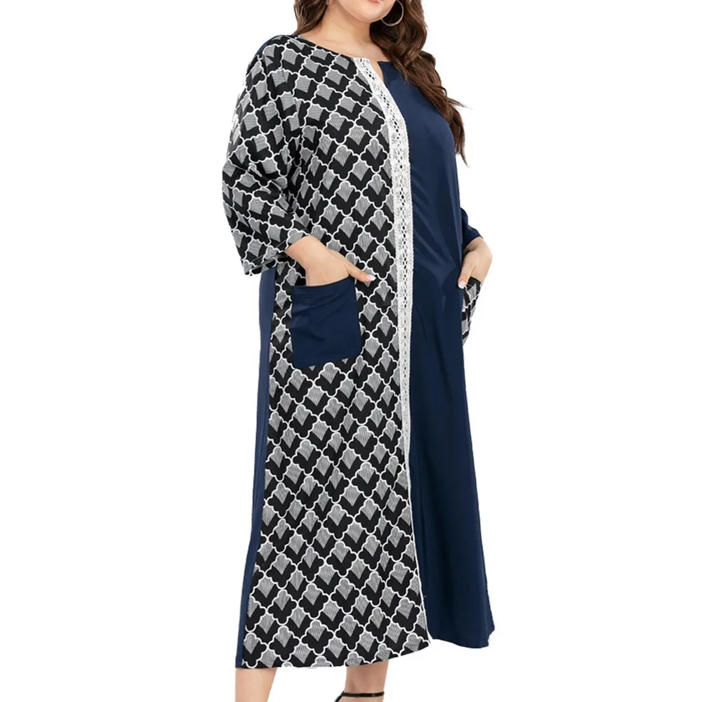 

2021 Muslim Fashion Temperament Loose Casual Women's Dress Simple Oversize Pocket Color Contrast Splicing Round Neck