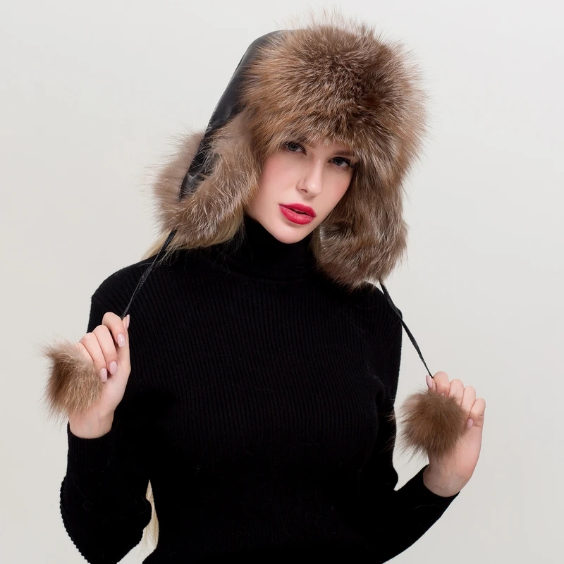 ZDFURS* женская шапка из натуральной Лисы Зимняя ушанка шапка-ушанка Россия Снег Ветер толстый теплый мех натуральная овчина кожаные кепки - Цвет: 2
