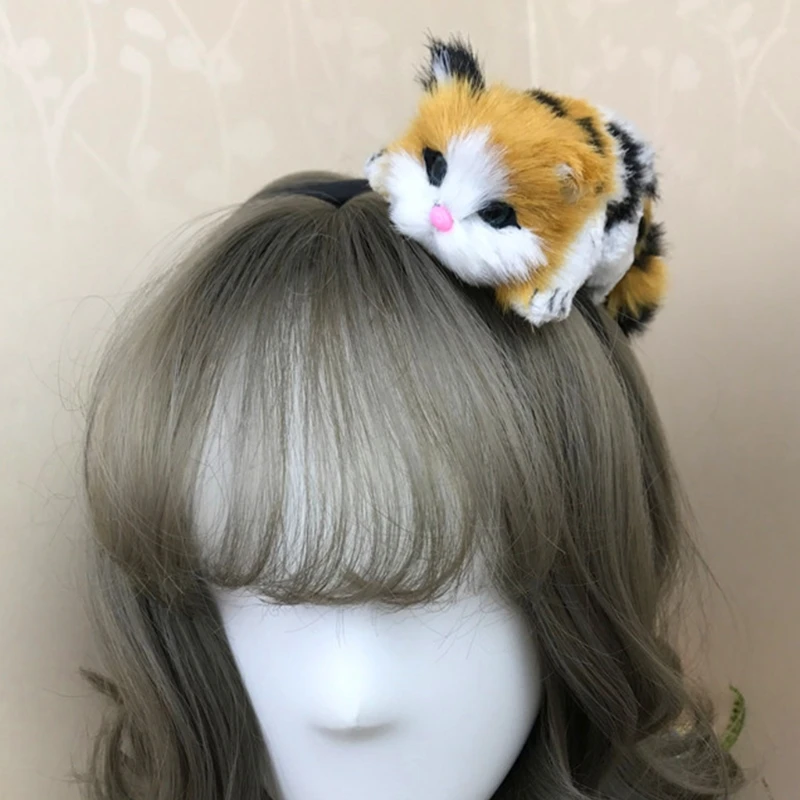 

Lovely 3D Simulation Lying Kitty Headband Funny Realistic Furry Animal Plush Hair Hoop Halloween Party Cosplay Costume Hair Acce