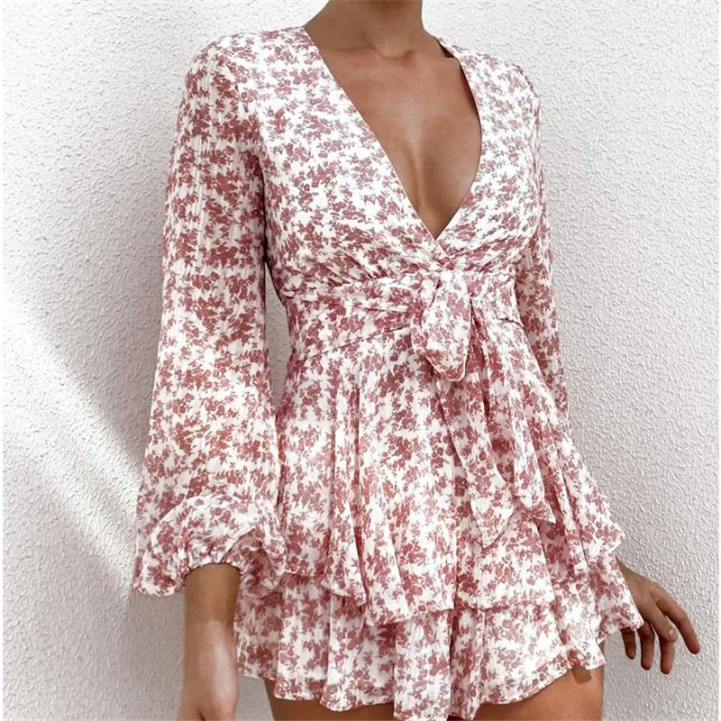 

Summer V-neck Long Sleeves Dresses Women Beach Holiday Sundress Female Spring Fall Loose Casual Ruffles Hem Mini Short Vestido
