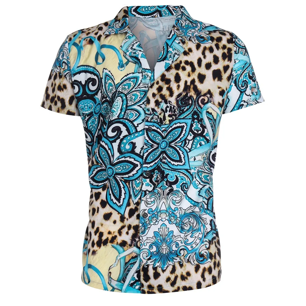 Летние мужские рубашки в этническом стиле с леопардовым принтом коротким