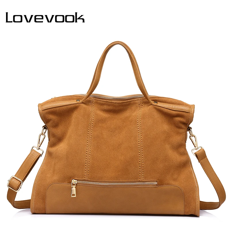 Женская большая сумка с короткими ручками Lovevook, из PU кожи и сплита кожи, сумка на плечо цвета хаки для путешествия и работы, повседневные сумки через плечо со съемным длинным плечевым ремнем