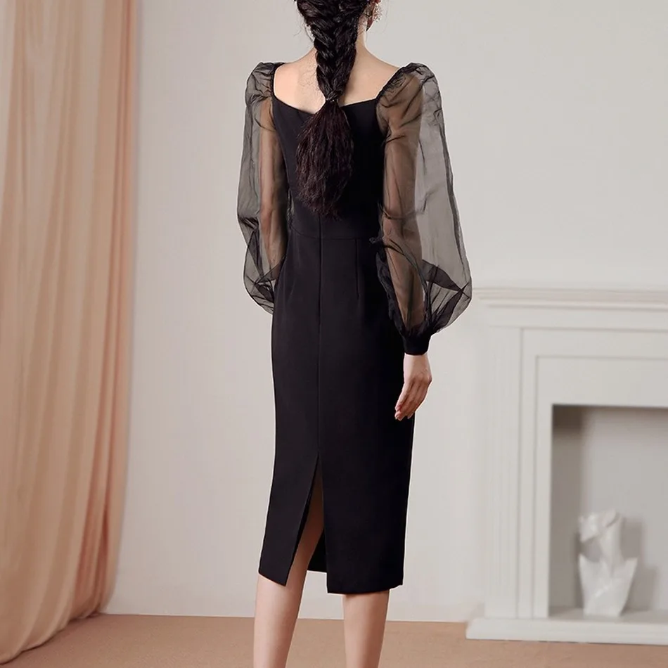 

2020 New Women'S Sexy Mesh Deep V Neck Lantern Sleeve Button Tight Dress Bodycon Fashion Club Party Midi Dress