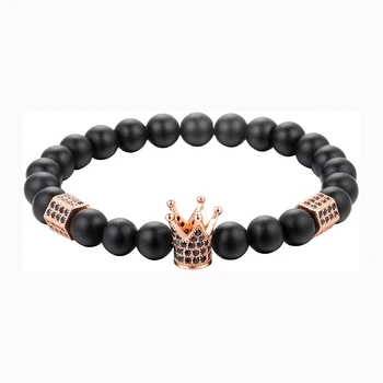 QIMOSHI Matte Onyx Beads Crown Yoga Charms Bracelets Men Women Essential Oil Diffuser Stone Beaded Elastic Bangle Gift Box