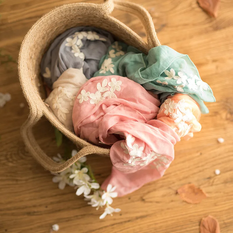 Accesorios de fotograf&iacute;a para ni&ntilde;a reci&eacute;n nacida, envoltura de lino y algod&oacute;n con flores rosas, manta bordada, Fondo para fotograf&iacute;a de beb&eacute;, accesorios para fotograf&iacute;a-2