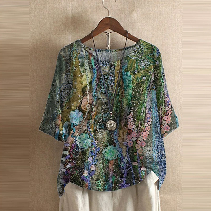 Блузка женская с цветочным принтом модный Повседневный пуловер круглым вырезом