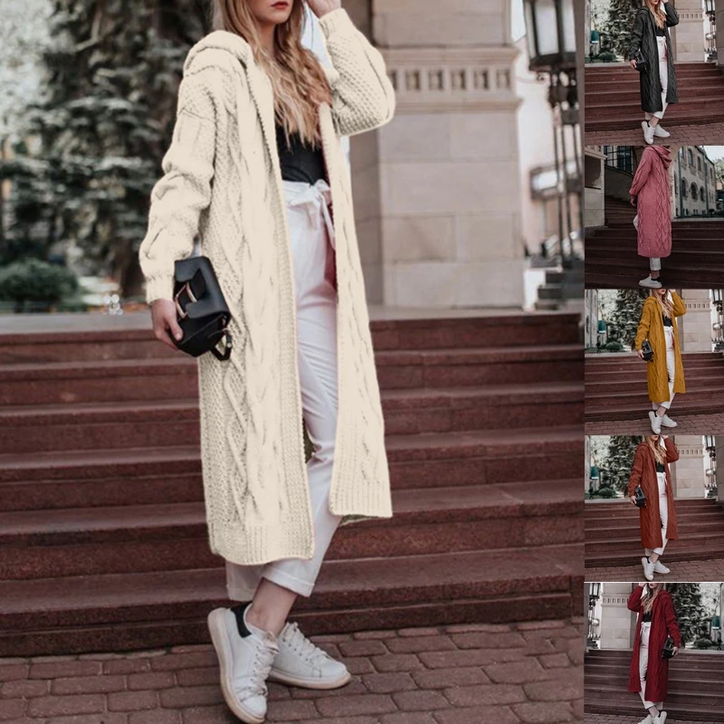 Женский осенний кардиган с капюшоном однотонный Свободный Длинный Теплый
