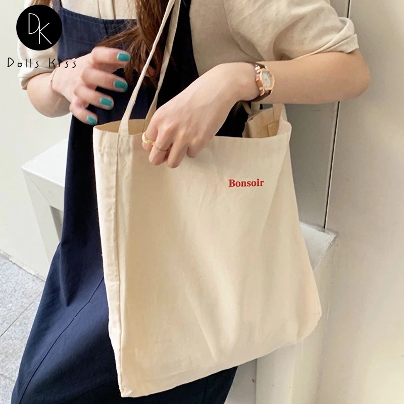 

Women Canvas Eco Bag Ladies Retro Simple Letter Embroidery Shoulder Bag Large Capacity Travel Totes Casual Shopping Bag for Girl
