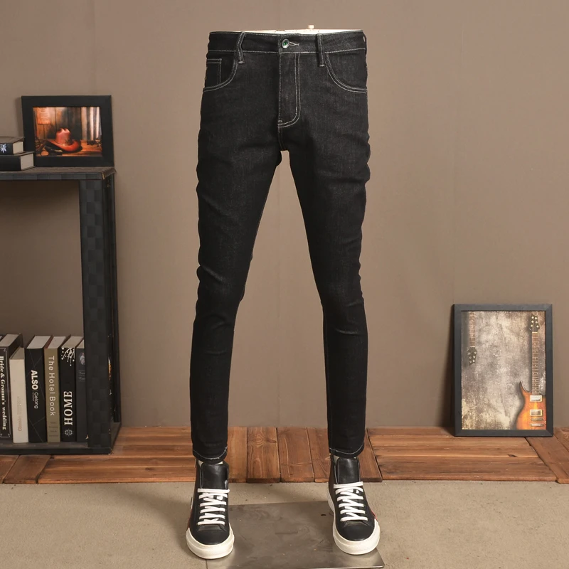 Autumn New Men Stretch Black Jeans Fashion Casual Slim Fit Pencil Pants Denim Trousers