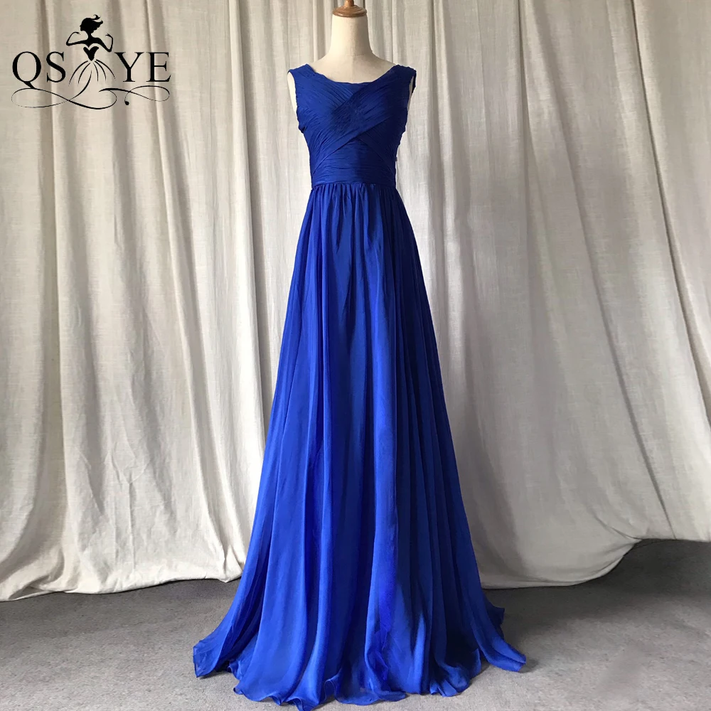 

Royal Blue Prom Dresses 30D Chiffon Light Party Gown Ruched Evening Dress Scoop neck A Line Women Blue Dress Zipper up Royal Bl