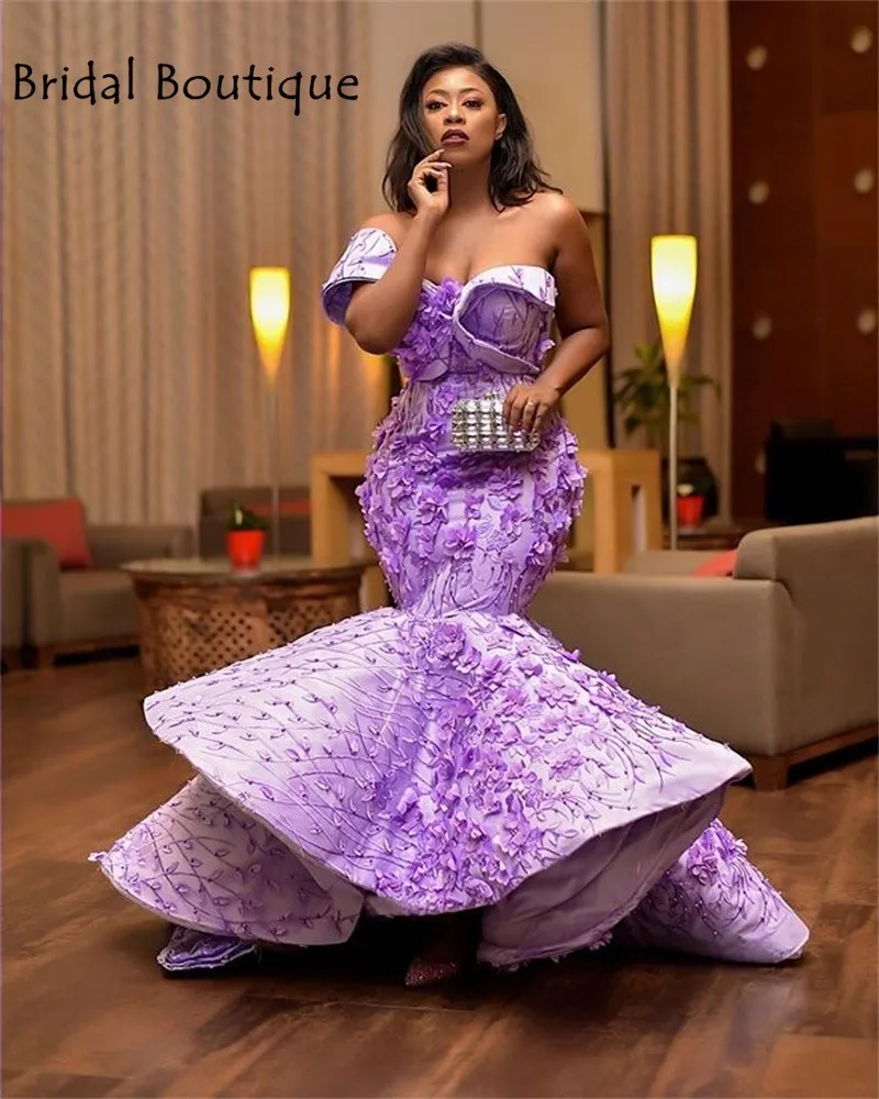 

Aso Ebi African Lace Evening Dress Mermaid Off the Shoulder Nigerian Style Prom Dresses Plus Size Light Purple Formal Gowns