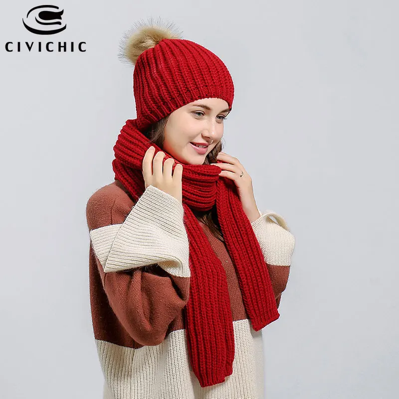 CIVICHIC Women Autumn Winter Knit Hat Scarf 2 PCS Warm Set Pompon Beanies Skullies Crochet Cap Thick Headwear Casual Shawl SH143 |
