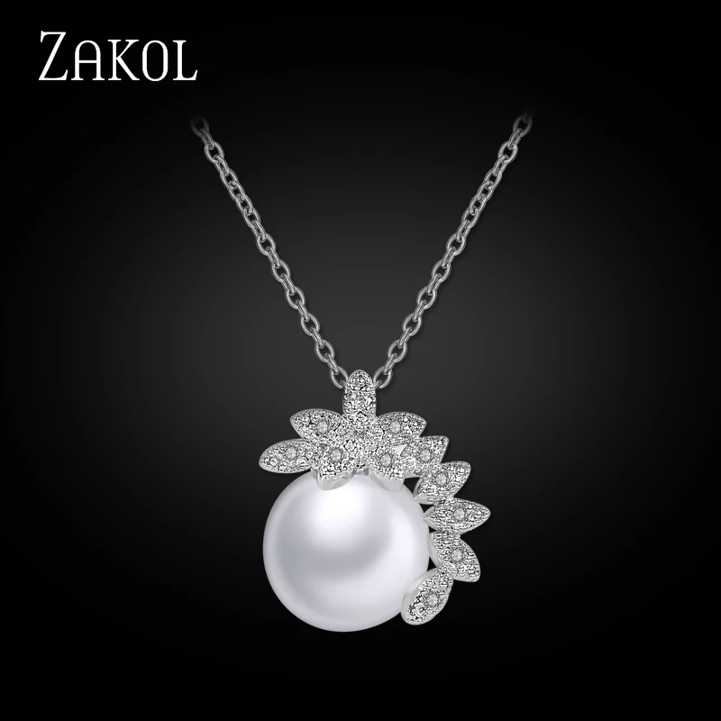 ZAKOL Fashion White Color AAA Cubic Zircon Stone & Imitation Pearl Chain Pendant Necklaces for Women Party Gift Jewelry FSNP049 |
