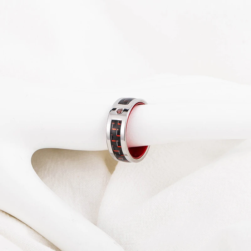 

Trendy Men Rings Colorful Stainless Steel Green Red Bule Black Yellow Carbon Fiber Male Wedding Ring With Zricon