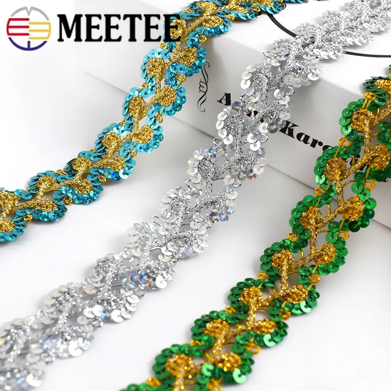 

11M Meetee 25mm Sequins Lace Trims Cosplay Costume 3D Gold Silver Laces Ribbon for Stage Dance Dress Sewing Accessories