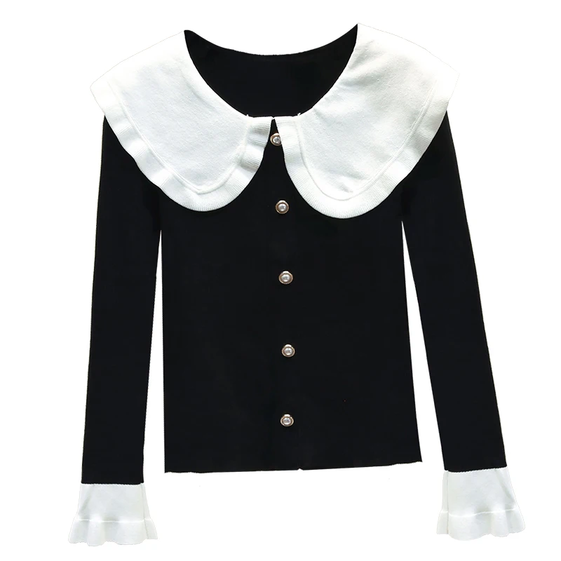 

Doll Collar Slim-Fit Black Bell-Sleeve Knit Sweater Women's New Spring Autumn Sweater Sweaters Jumper Femme 2020