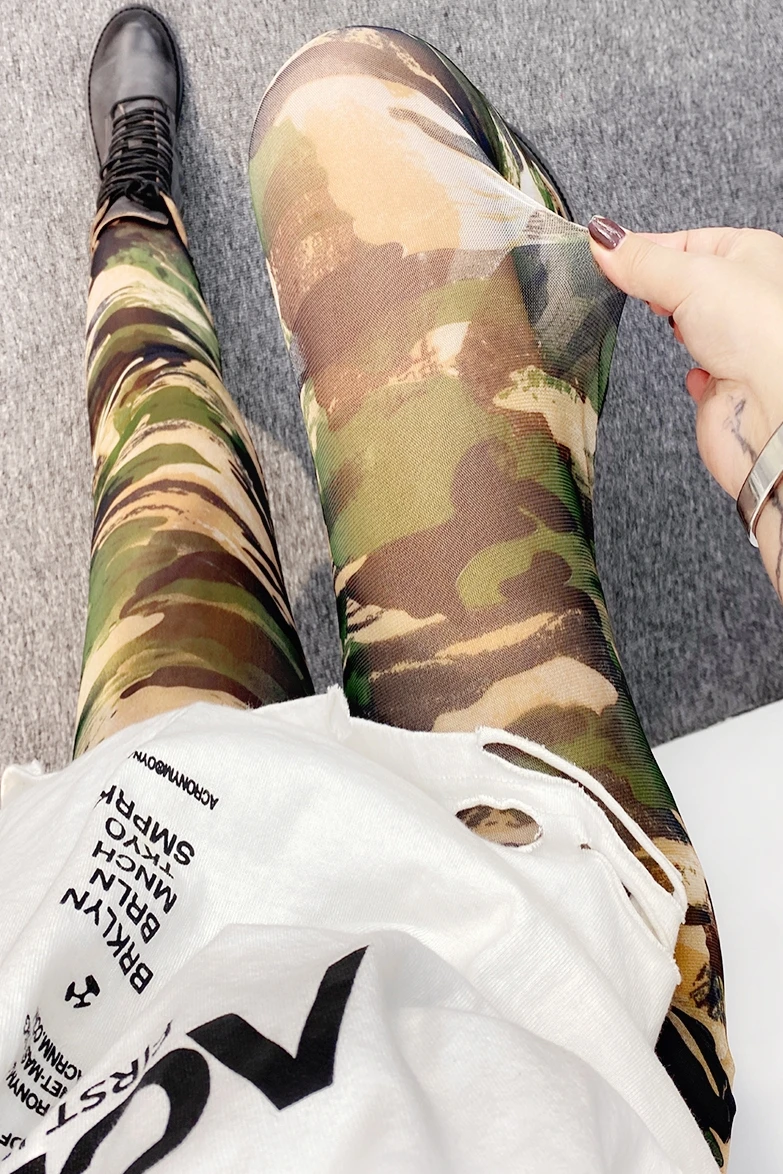 

2021 Summer Thin Women's Leggings Outer Wear High Elasticity Skinny Pencil Pants Female Printed Mesh Breathable Cropped Pants