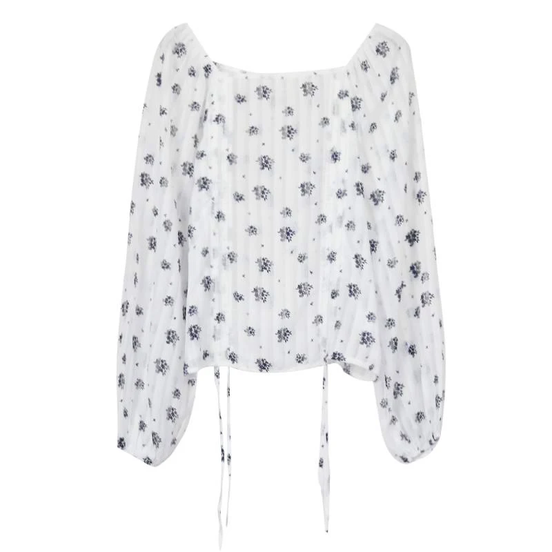 

Retro French Style Slash Neck Print Shirt Puff Sleeve Design Summer New Fashion Women Tops Simple All Match Fresh Sweet Blouse