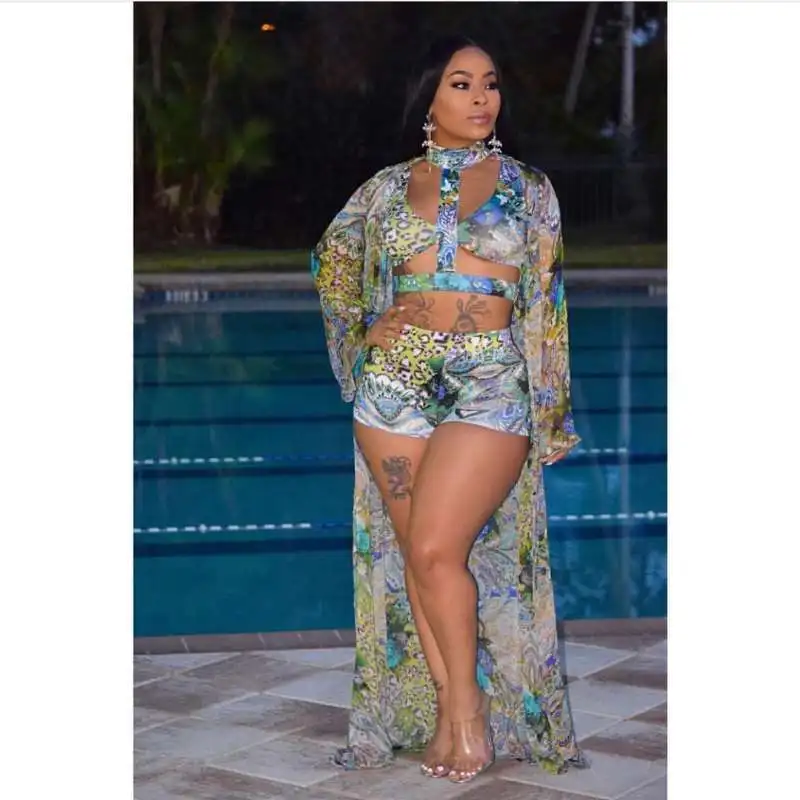 

D8233 New Sexy Spring and Summer Digital Printing Split Swimsuit Three-Piece Suit women chiffon floral cover ups