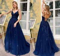 navy blue a line evening dress long formal dresses v neck spaghetti straps lace appliques tulle backless sexy prom gowns