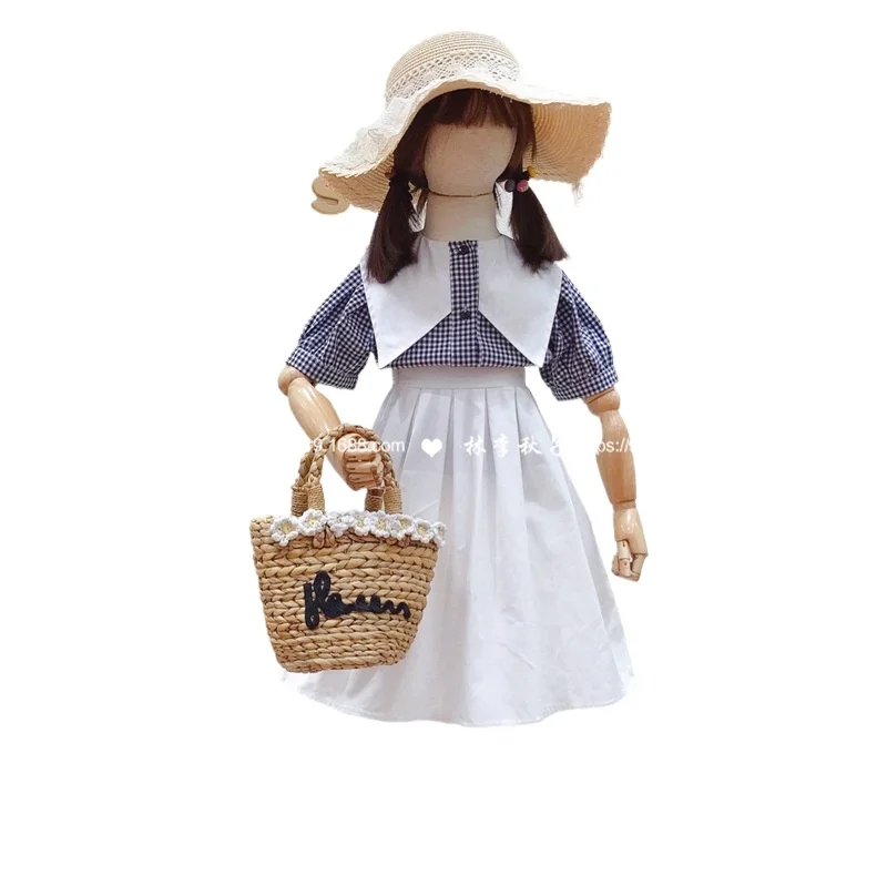 

Girls' suit 2021 summer new retro western plaid shirt with solid color skirt two-piece trend