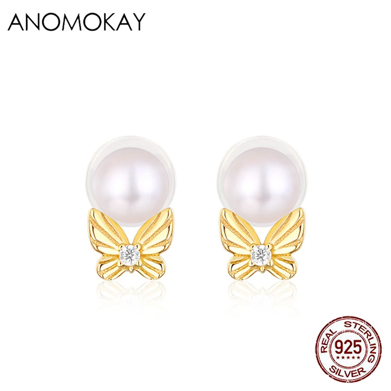 

Классические золотистые серьги-гвоздики в форме бабочки anomok для женщин и девушек, подарочные тонкие круглые жемчужные серьги, серебро 925 пр...