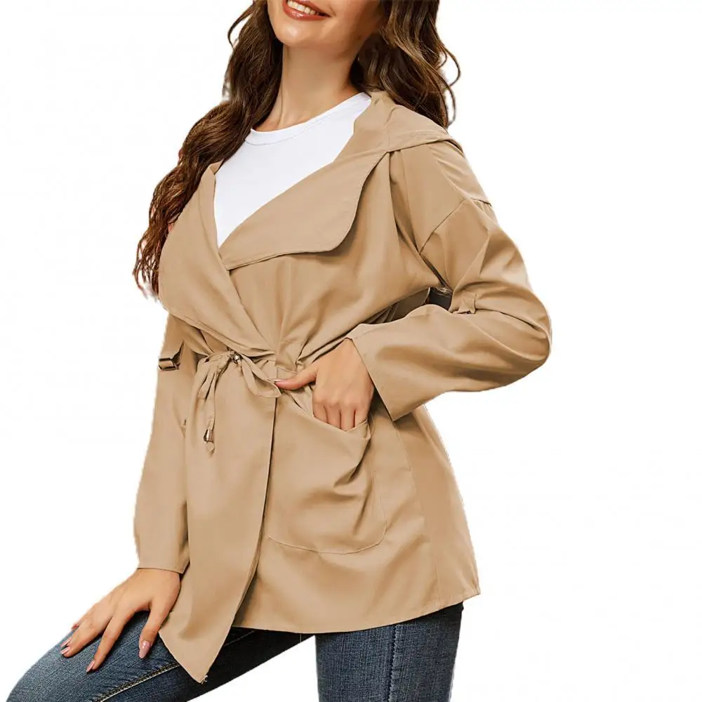 

Women Autumn Winter Solid Color Long Sleeve Hooded Coat Waist Drawstring Jacket Long Section Hooded Women's Coat Outwear