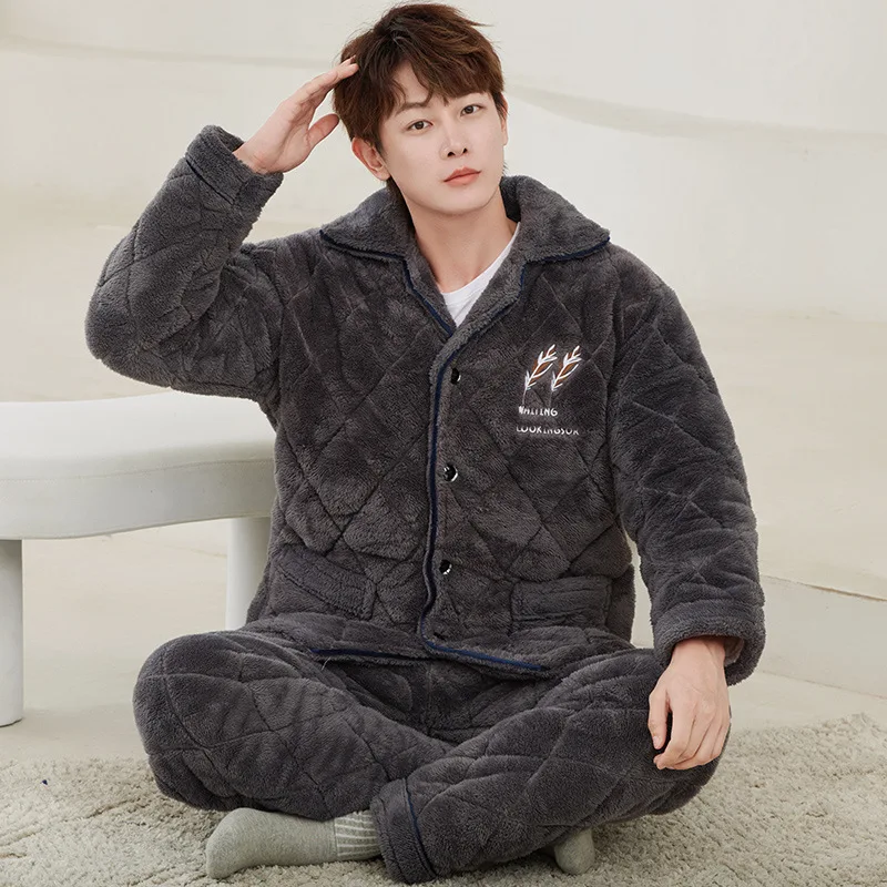 Men Three Layers Cotton Autumn Winter New Coral Velvet Suit Thick Warm Flannel Sleepwear Loose Casual Nightclothes Pajamas Set