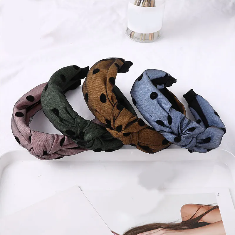 Модная широкая повязка на голову с узелком кружевная пряжа в горошек ободок бант