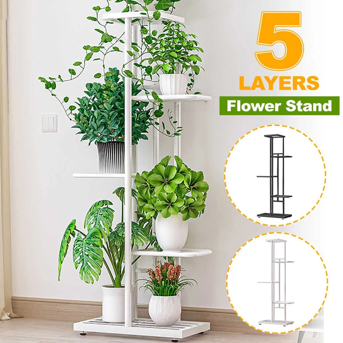 

5 Tiers Iron Wooden Bookshelf Plant Shelves Rack Display Shelves Home Indoor Outdoor Yard Garden Patio Balcony Flower Stands