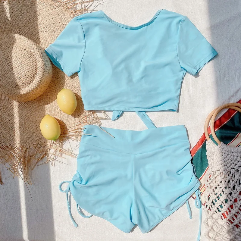 

High Waist Swimsuit Women 2021 Tie Dye Bikini Push Up Separate Swimsuit With Short Sleeve Bathing Suit Women Bikini Brazilian