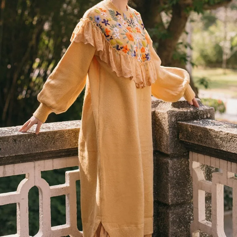 

Vintage Women Ankle Length Knitwear Long Casual Crochet Trimmed Flowers Embroidery Loose Dresses Puff Sleeve Knitted Dress