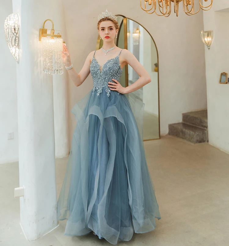SSYFashion Новое романтическое синее вечернее платье, для банкета, элегантное, с v-образным вырезом, Appliuques, с блестками, в пол, вечернее платье Vestido De Noche
