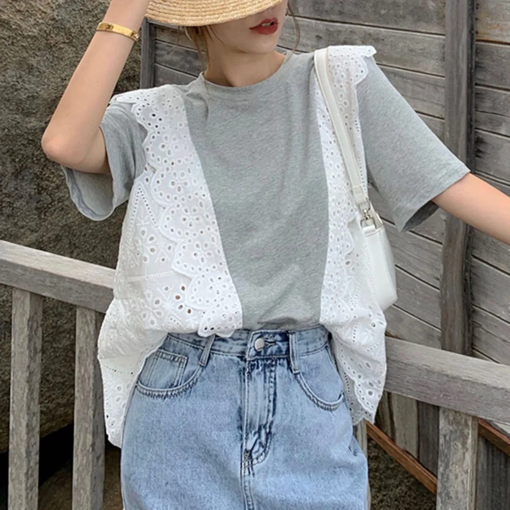 

Japanese Style Korean Fashion 2021 Summer New Loose Fungus Color Contrast T-Shirt Retro Splicing Lace Round Neck Summer
