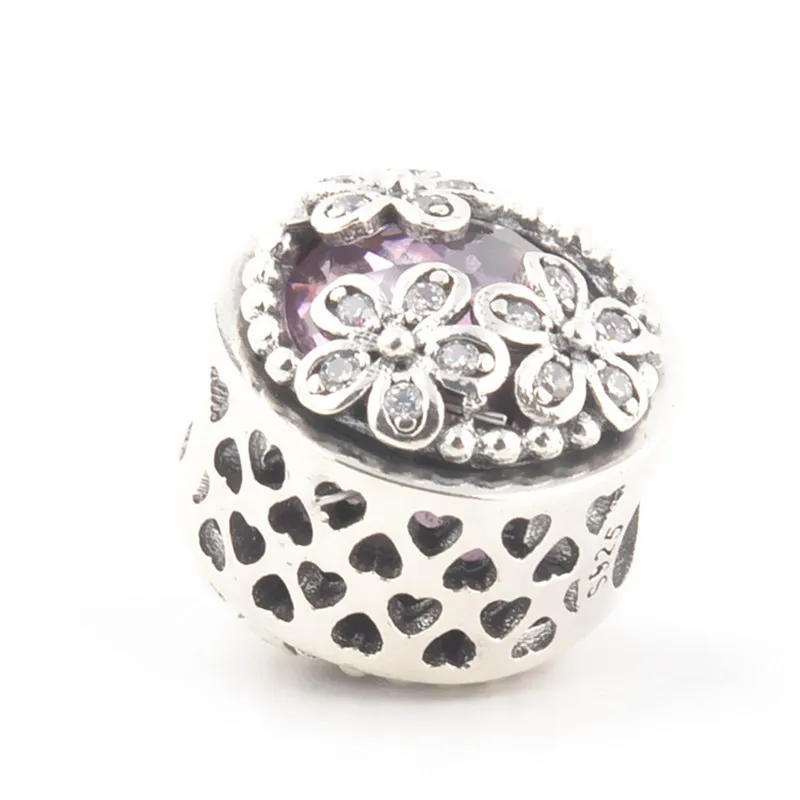 925 Sterling Silver Luxury Hollow Heart Three Flowers Bright Pink CZ Beads Fit Original 3mm Charm Bracelet Jewelry Making | Украшения и