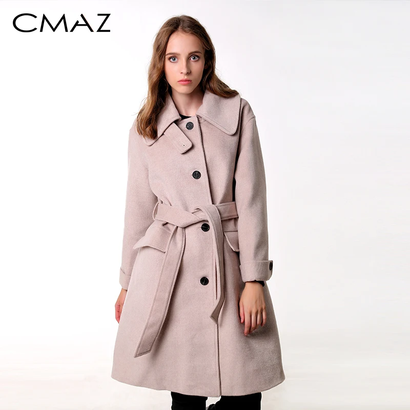 

CMAZ 2019 autumn winter woolen coat causal women turndown collar Single-breasted with belt thick coat MX18D9657