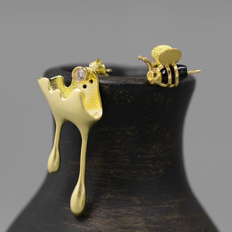 

Bee And Honey Drops Asymmetrical Stud Earrings For Women 925 Silver Jewelry Gift E56A