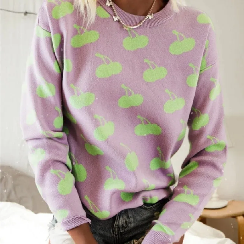 

Light Purple Cherry Printed Vintage Loose Woman Sweaters Long Sleeve Knitted Top Casual Sweet Girls Streetwear Autumn Plus Size