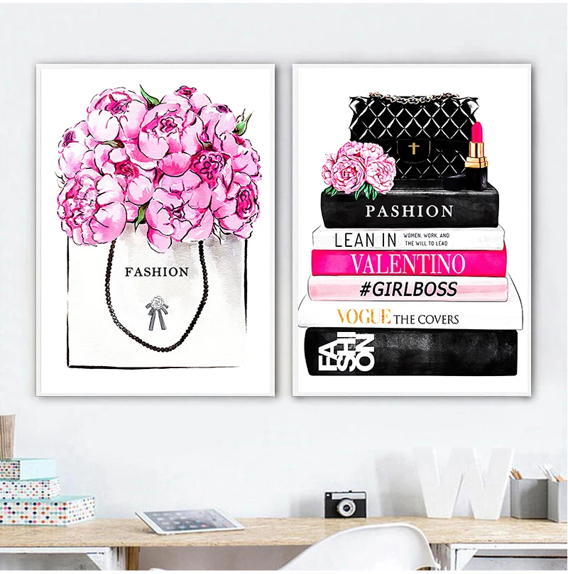 

Fashion magazine wall art diamond painting high heels and lipstick fashion pictures cross stitch embroidery mosaic pink flowers
