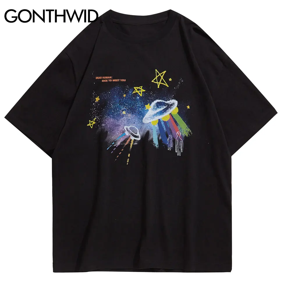 

GONTHWID Hip Hop Streetwear Tees Shirts Graffiti UFO Alien Galaxy Print Short Sleeve Tshirts 2022 Men Harajuku Casual Cotton Top