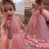 pink hi lo flower girl dresses hand made flowers pleated tulle girls wedding party dresses scalloped a line communion dresses